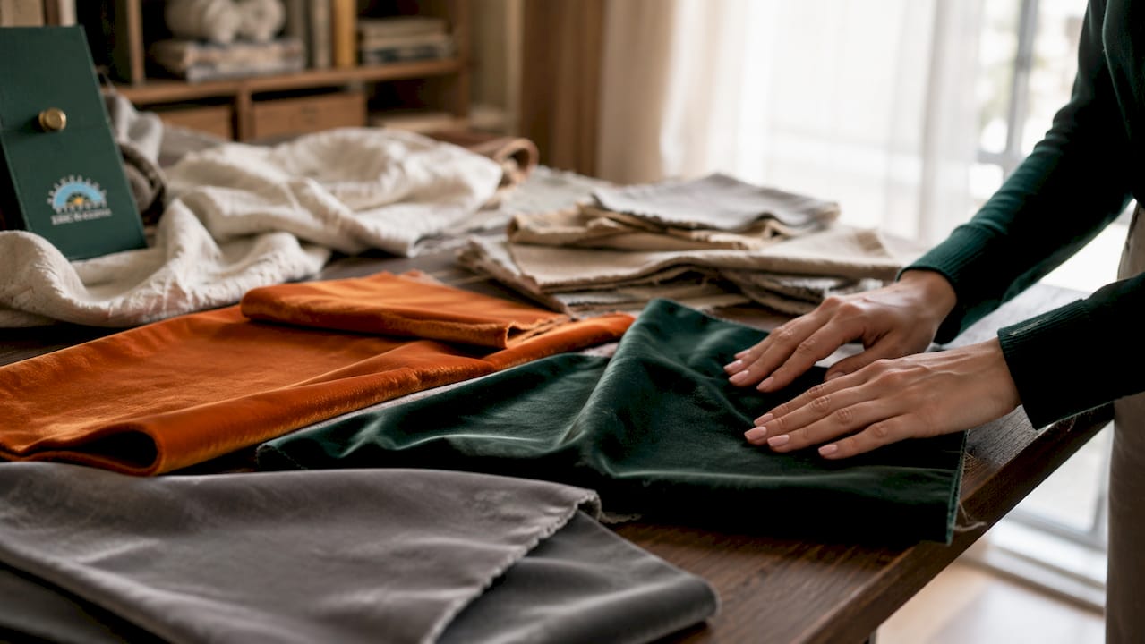 Hands touching different velvet fabric swatches
