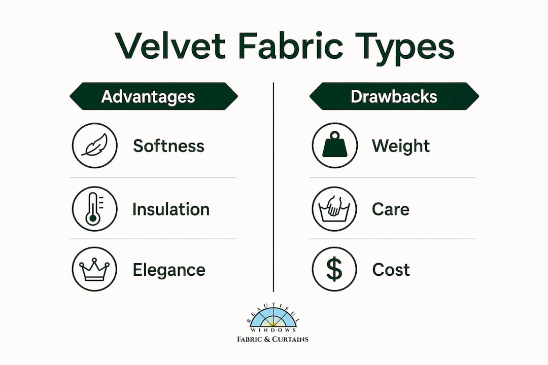 Infographic comparing advantages and drawbacks of velvet fabrics