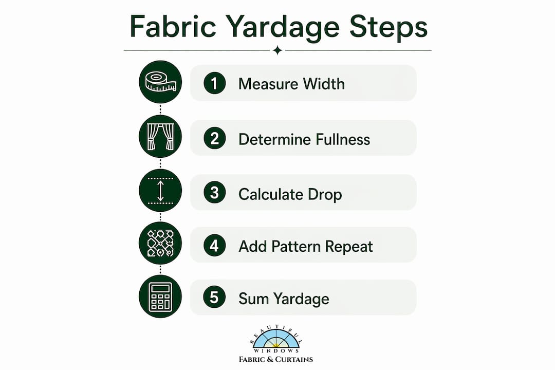 Infographic of curtain fabric yardage calculation steps