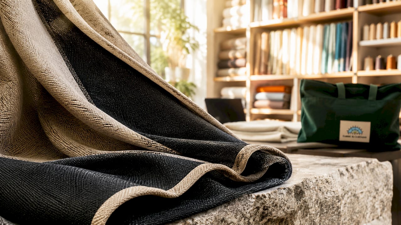 Close-up of triple-weave blackout curtain fabric texture