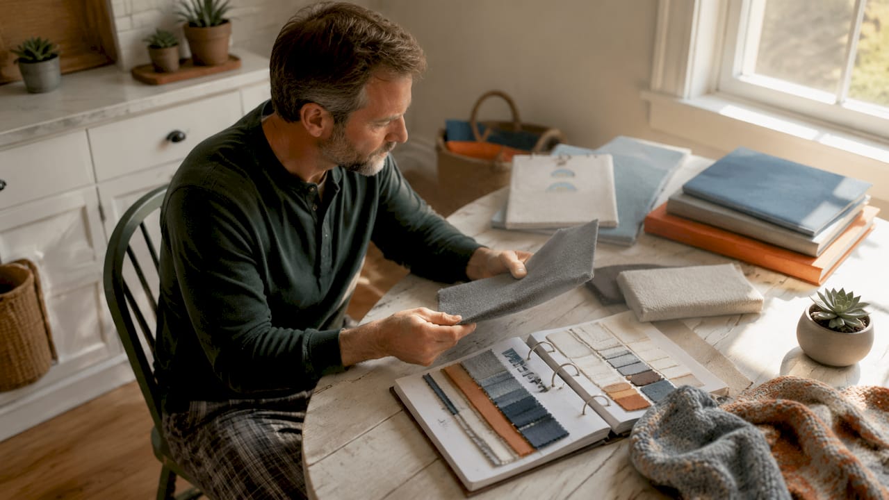 Man inspecting upholstery fabric swatch in living room