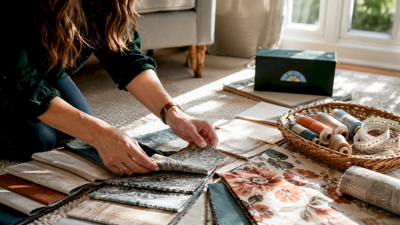 Hands arranging diverse upholstery fabric swatches