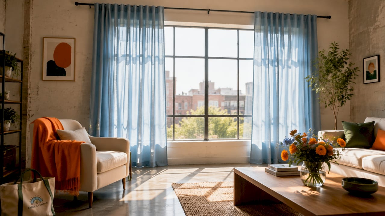 Window with properly hung linen blend curtains in home interior