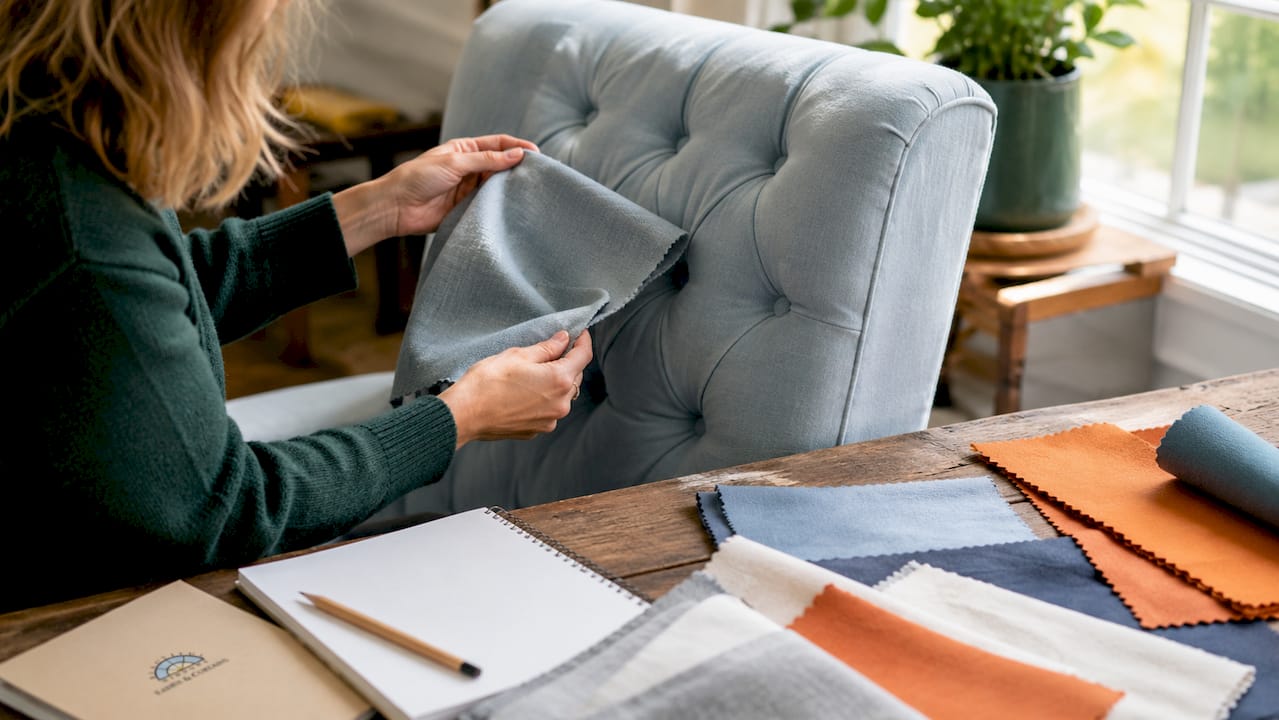 Hands testing fabric on chair panel curve