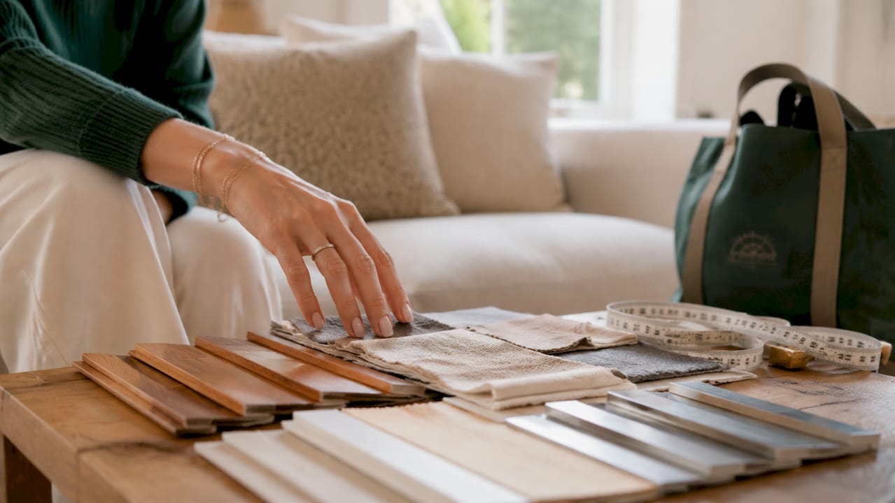 Close-up of window treatment materials and measuring tape