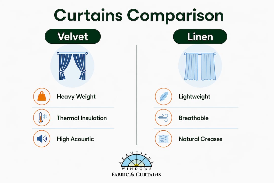 Infographic comparing velvet and linen curtains key features