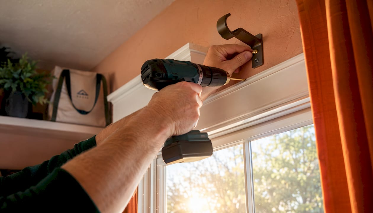 Hands installing curtain rod bracket over window