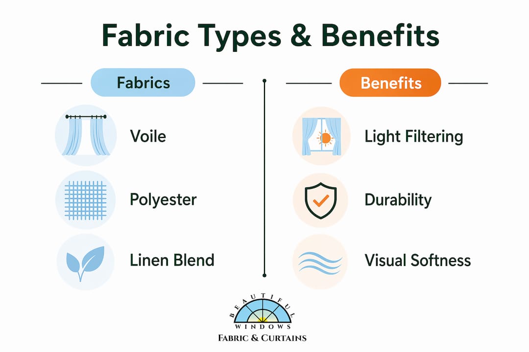 Infographic showing types of sheer curtain fabrics and benefits