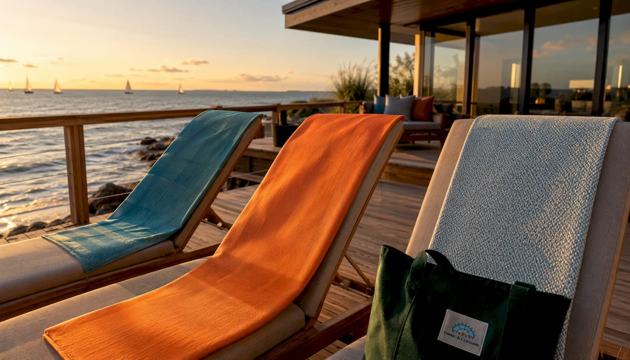 Marine fabrics displayed on boat seats outdoors
