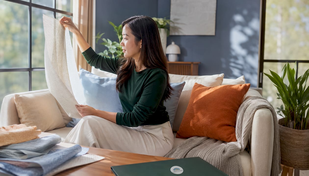 Woman comparing curtain fabric to sofa upholstery