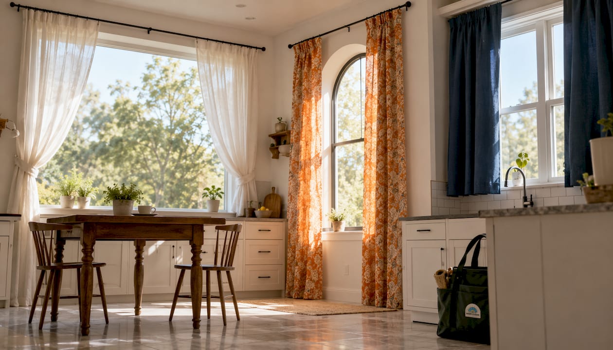Various window types with different curtain panels