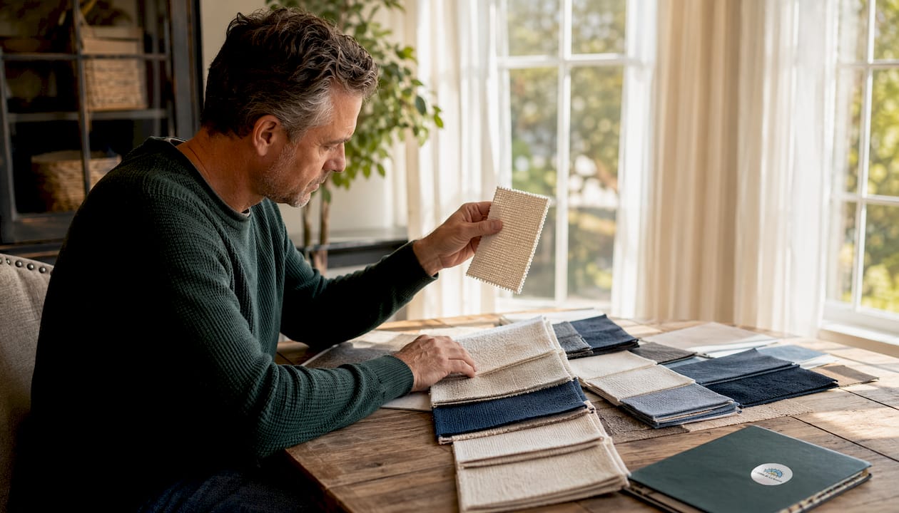 Man inspecting synthetic upholstery fabric swatches at desk