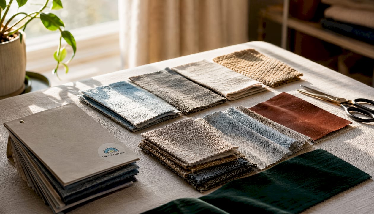 Close-up of natural upholstery fabric samples on wood