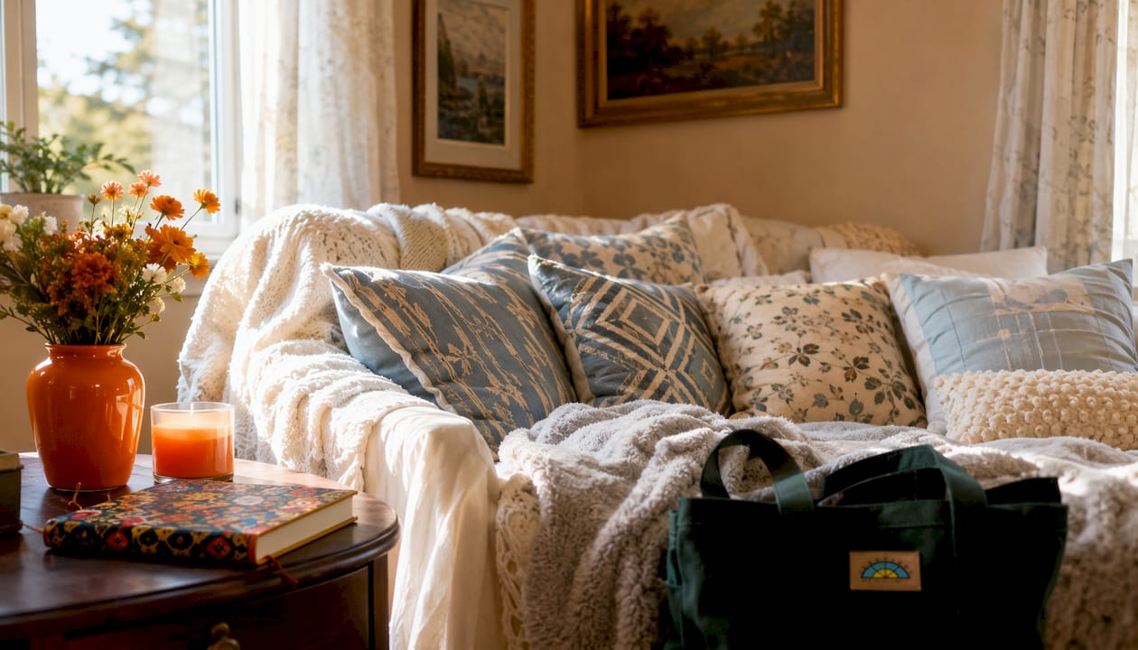 Overhead view of layered textiles on bed and pillows