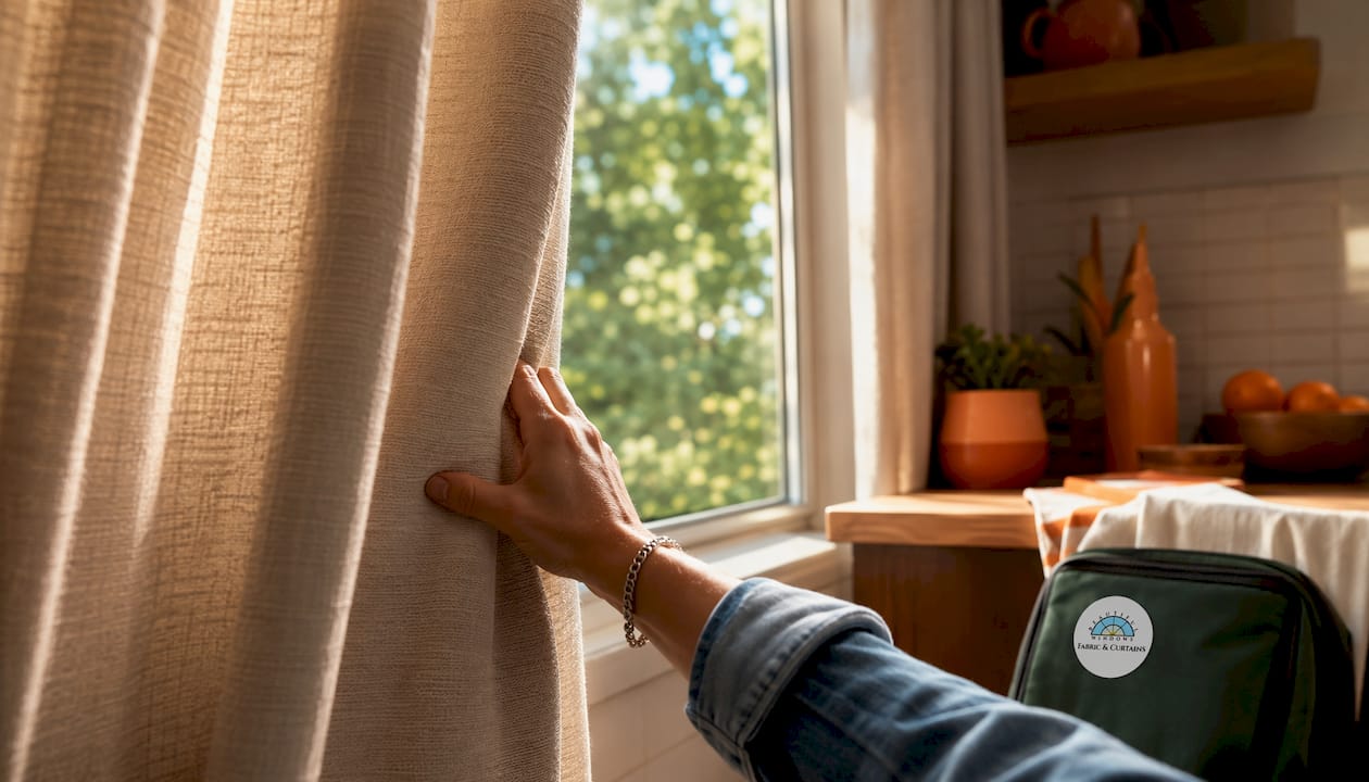 Hand pressing layered thermal curtain fabric close-up