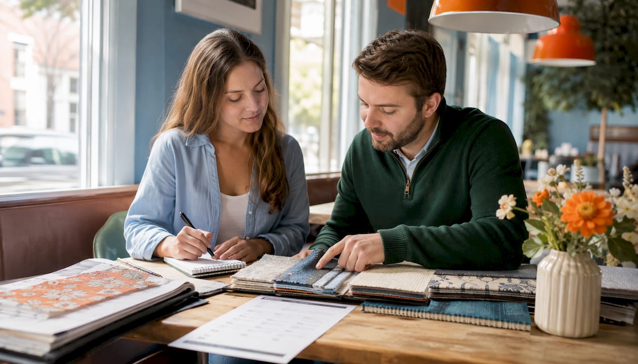 Designers reviewing fabric consultation checklist