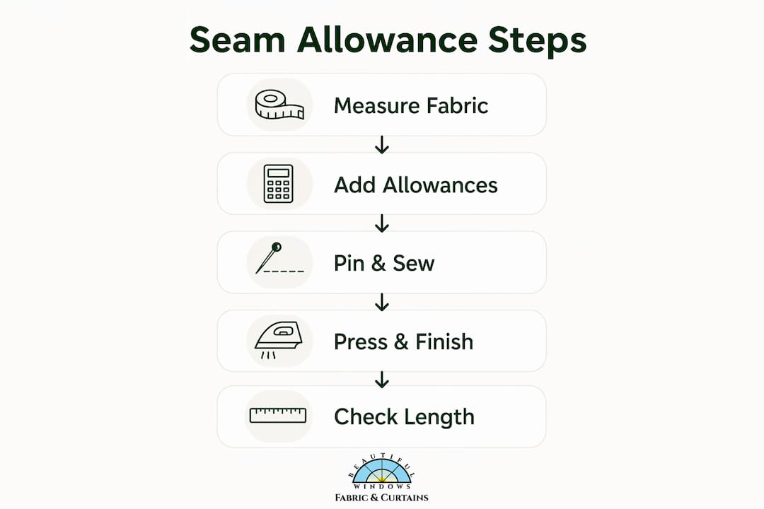 Infographic showing steps for seam allowance in drapery