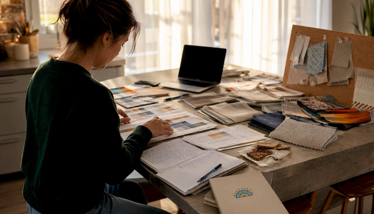 Overhead view of fabric vendor comparison workspace