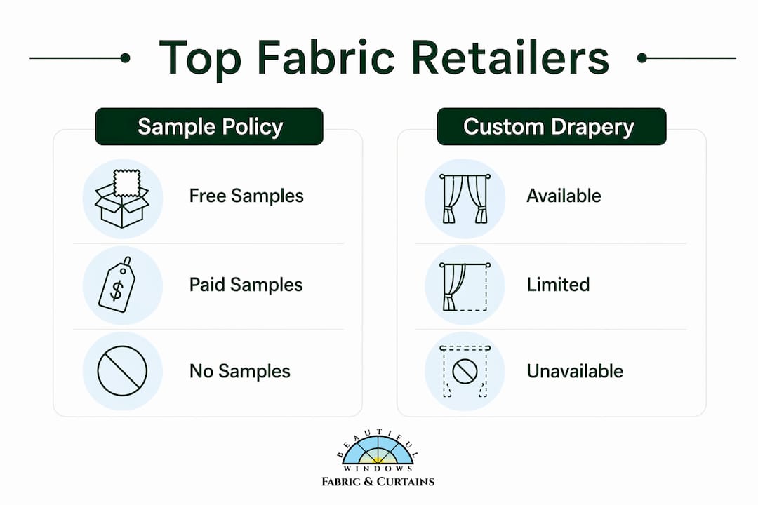 Infographic comparing fabric retailers on sample policy and custom drapery availability