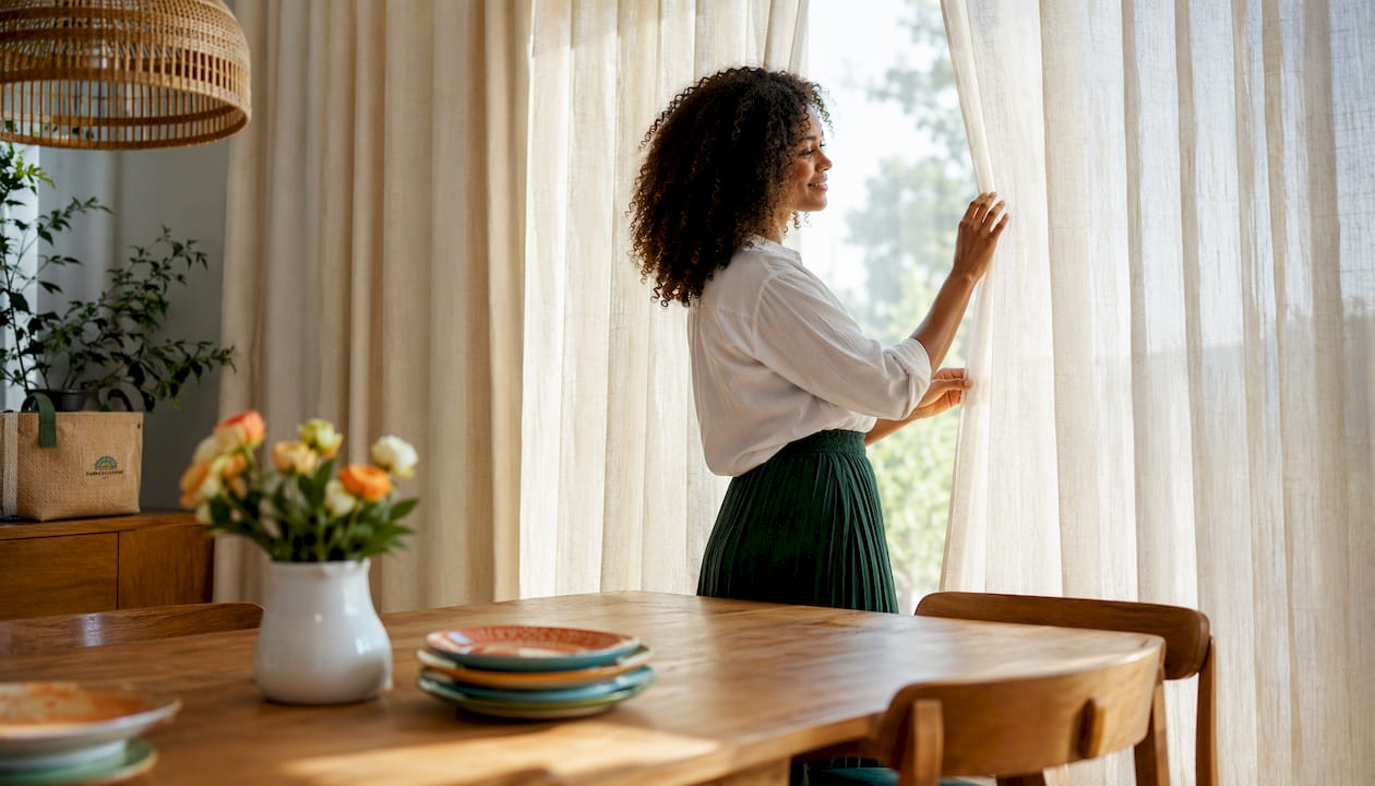 Young woman holding back linen curtains in living room