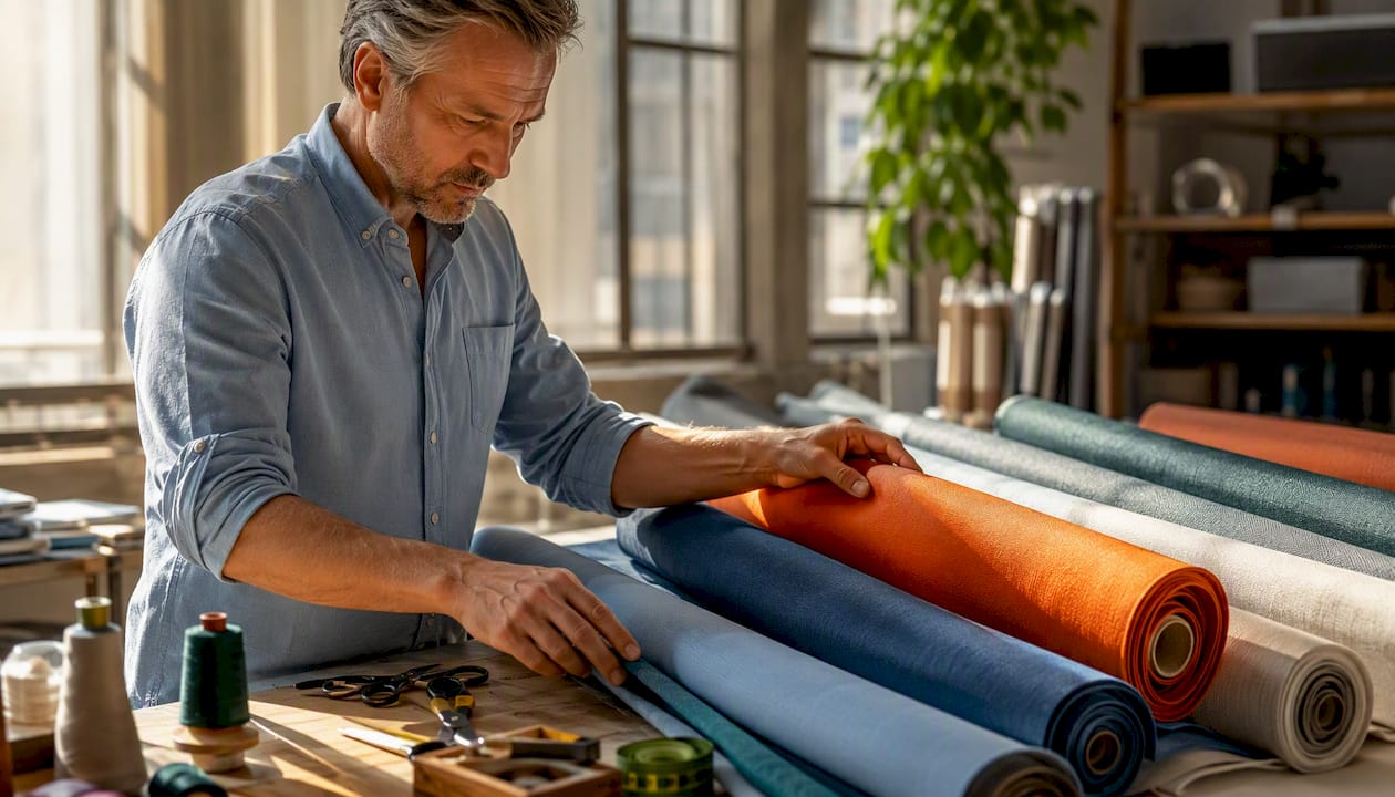 Upholsterer inspecting synthetic performance fabrics