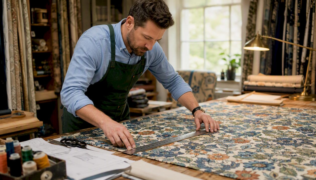 Fabric cutter measuring upholstery fabric pattern repeat