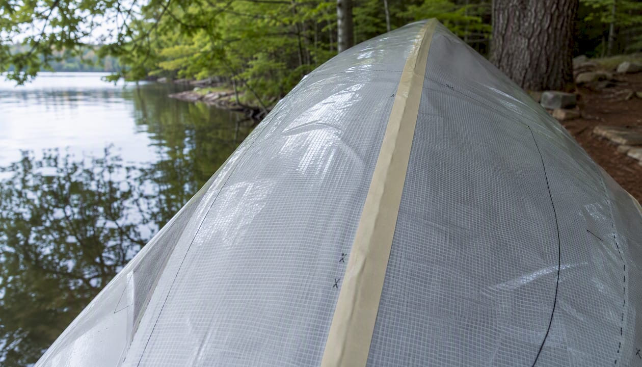 Duraskrim pattern taped on boat hull