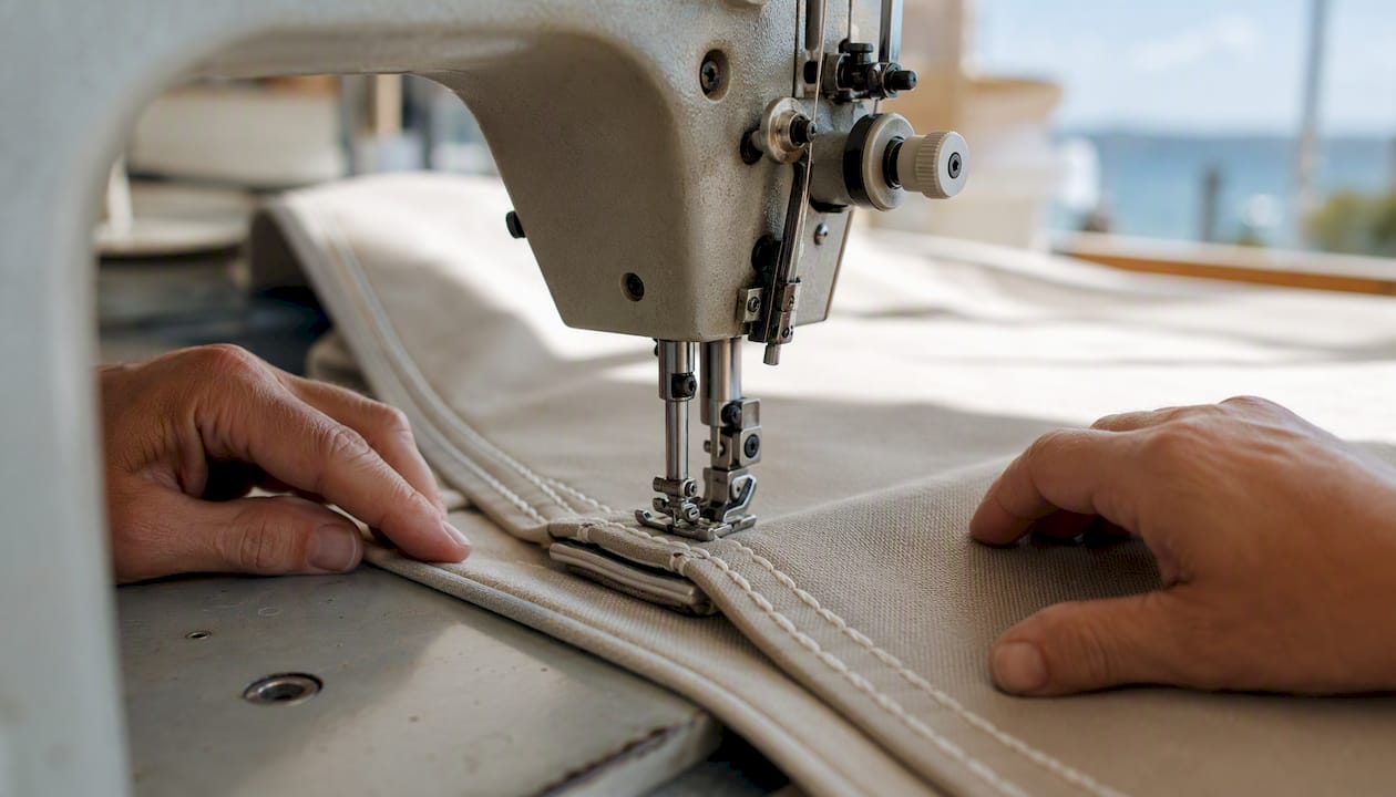 Flat-felled seam sewn on marine canvas