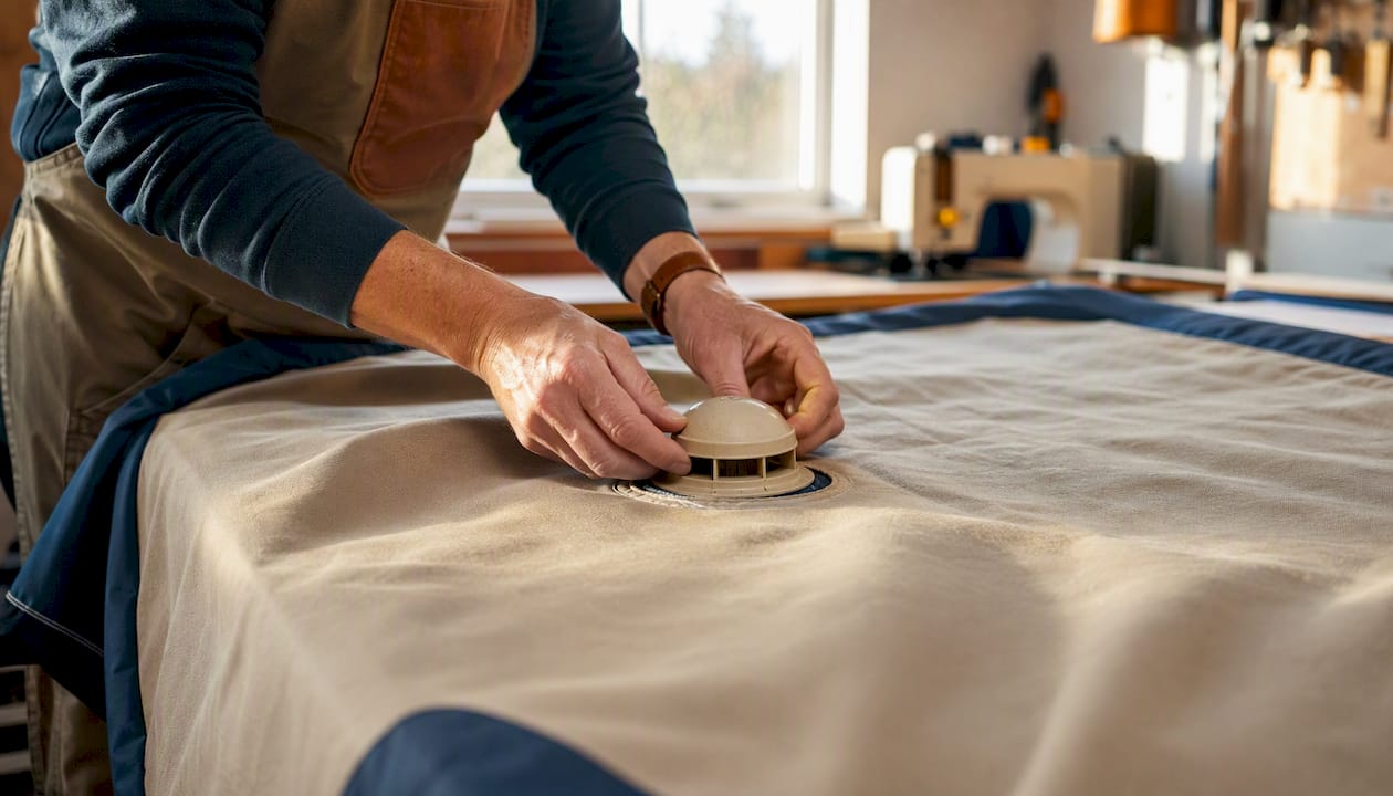 Hands installing mushroom vent on fabric