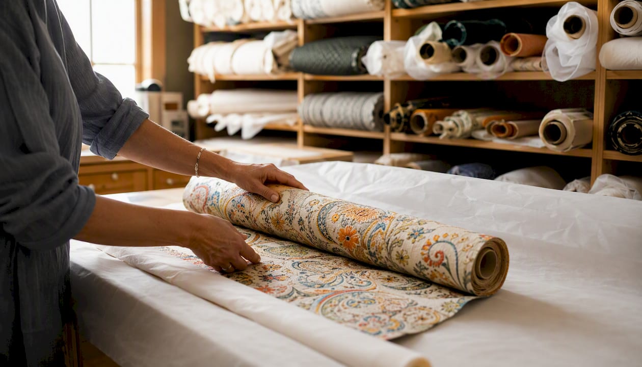 Hands rolling upholstery fabric with protective tissue