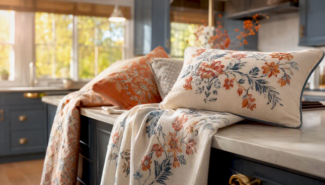 Embroidered pillows and drapery in home interior