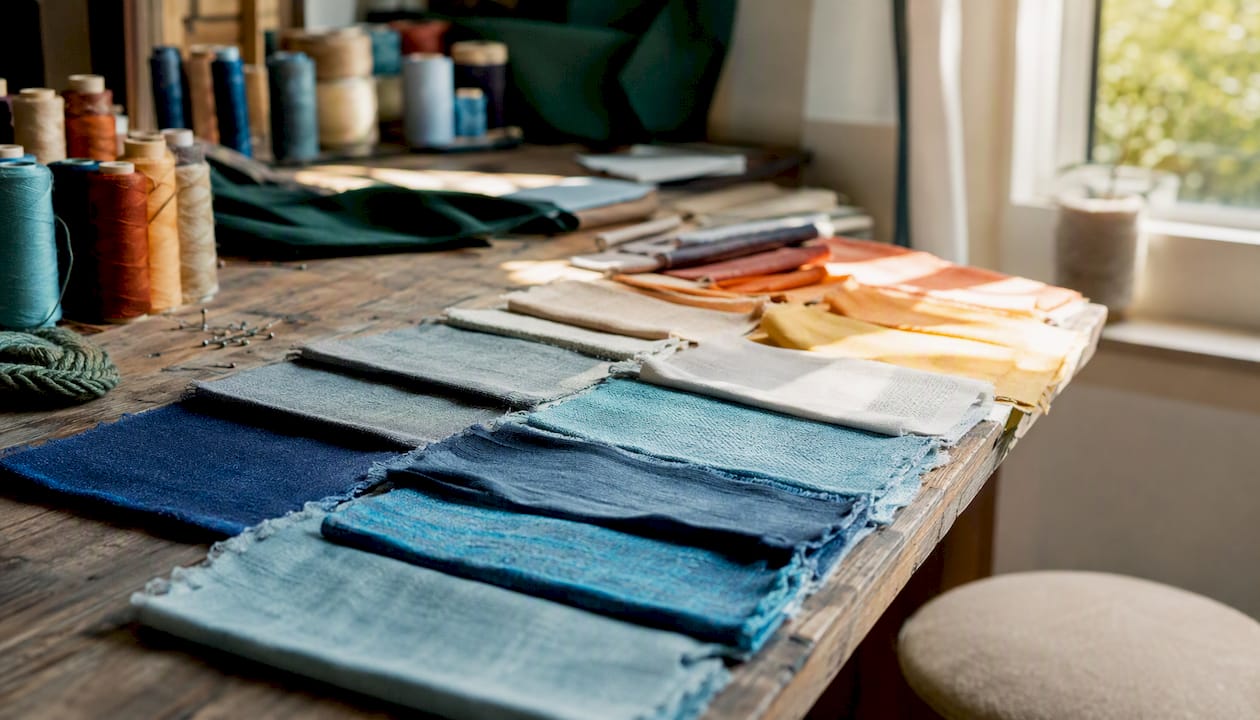 Fabric swatches displaying various dyes and fibers