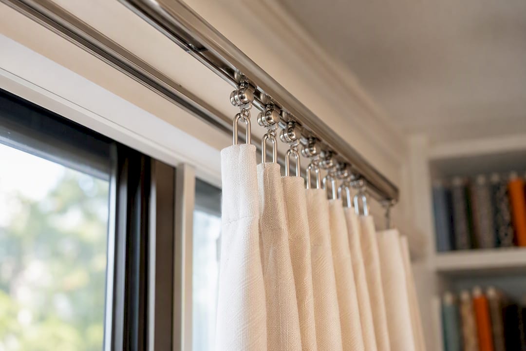 Ceiling-mounted curtain track hardware close-up