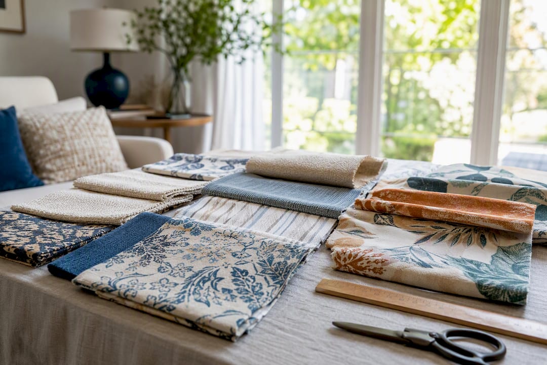 Assorted upholstery fabric swatches on desk