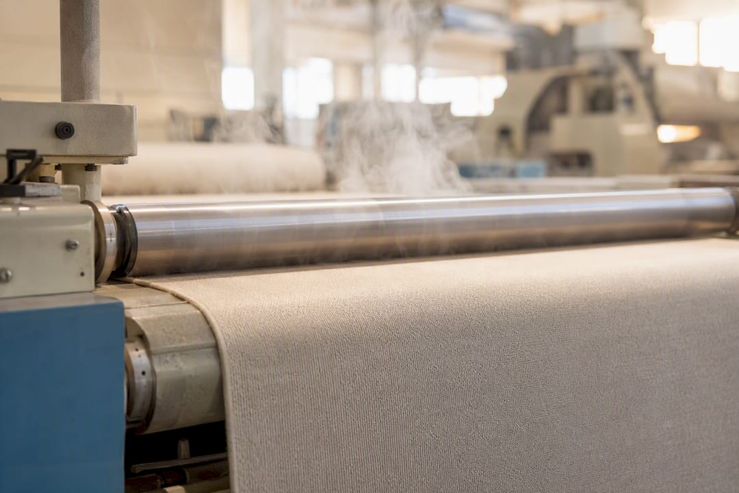 Fabric being treated by heated roller