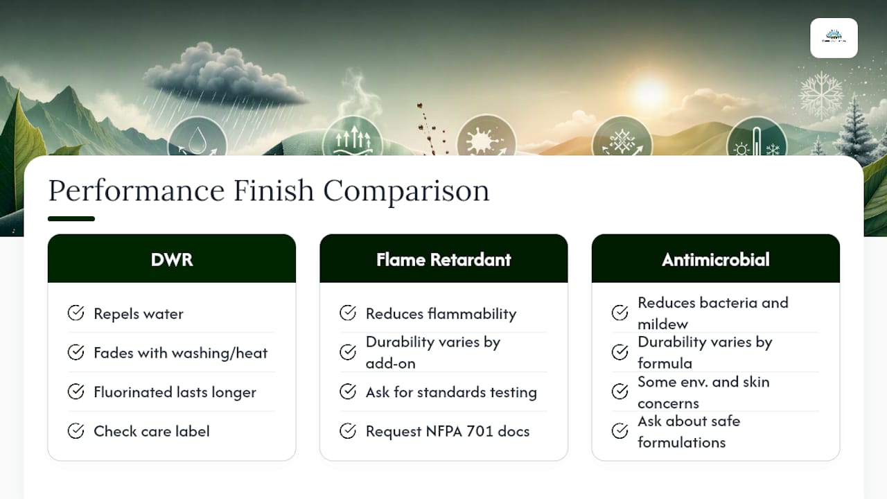 Comparison diagram of textile performance finishes