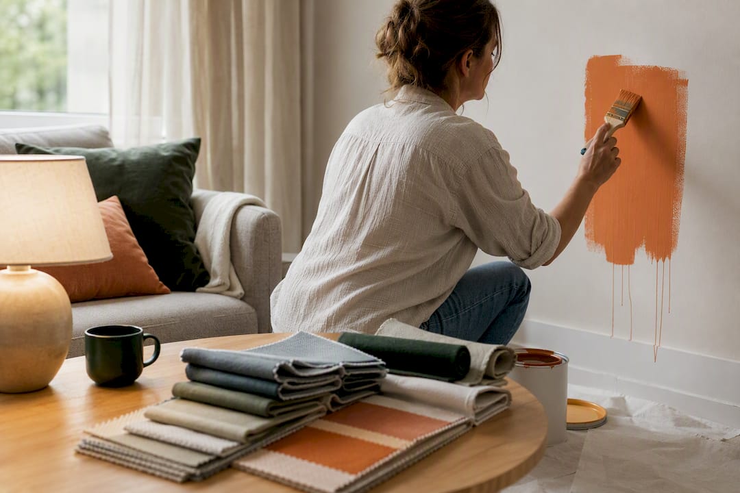 Hand painting wall with fabrics and lamp nearby
