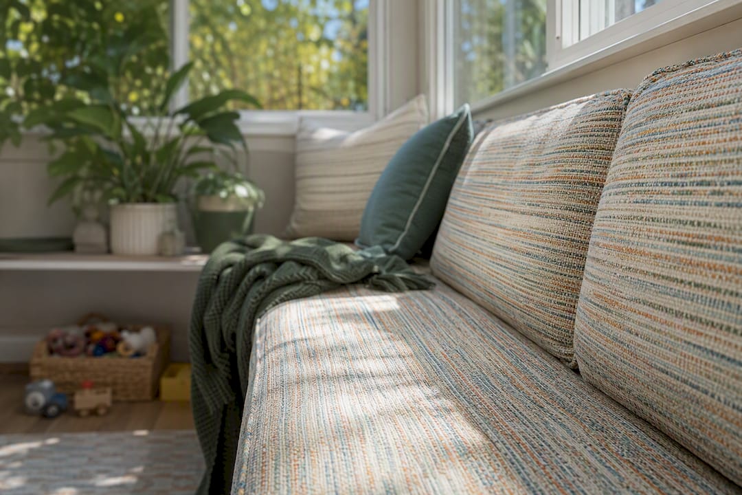 Sunlit window seat with solution-dyed acrylic upholstery