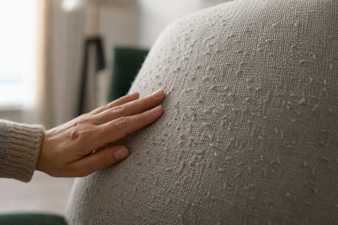 Close-up of pilling on upholstery fabric