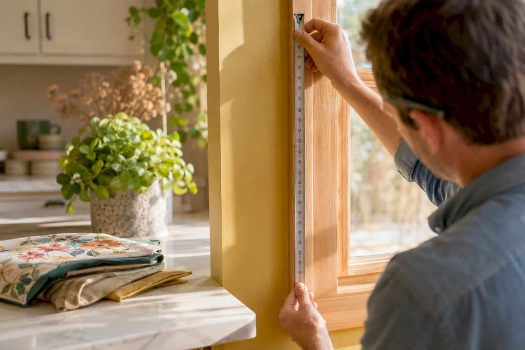 Hands measuring window width for curtains