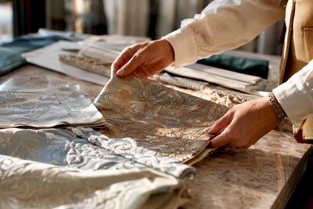 Hands inspecting jacquard satin embroidered fabrics