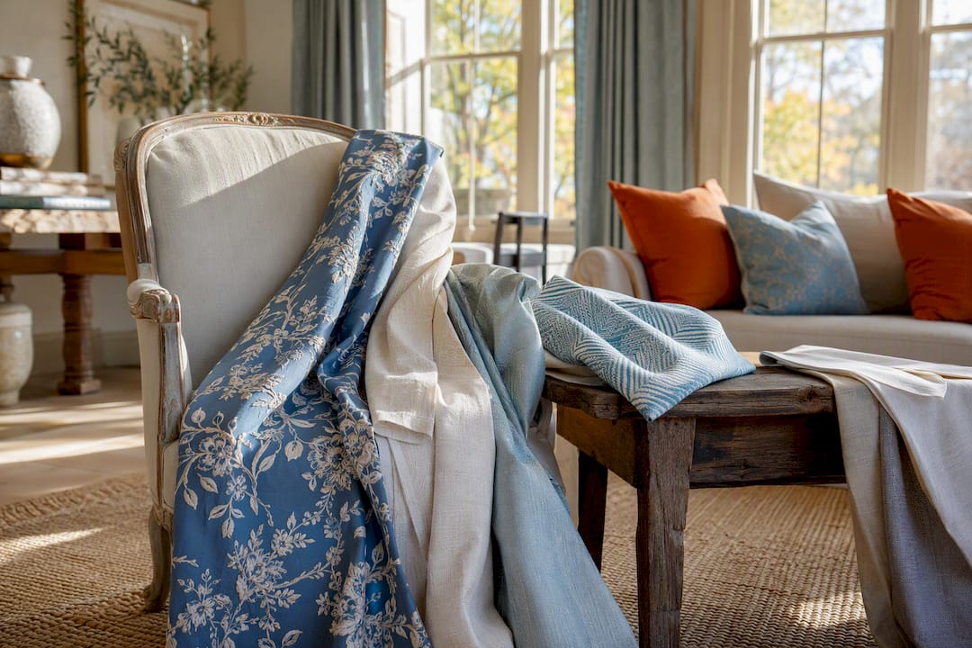 Layered fabric samples in cozy living room corner