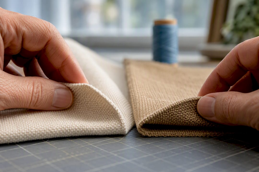 Hands comparing canvas and duck cloth