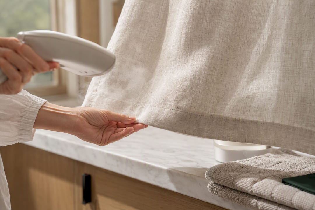Hands steaming linen curtain hem