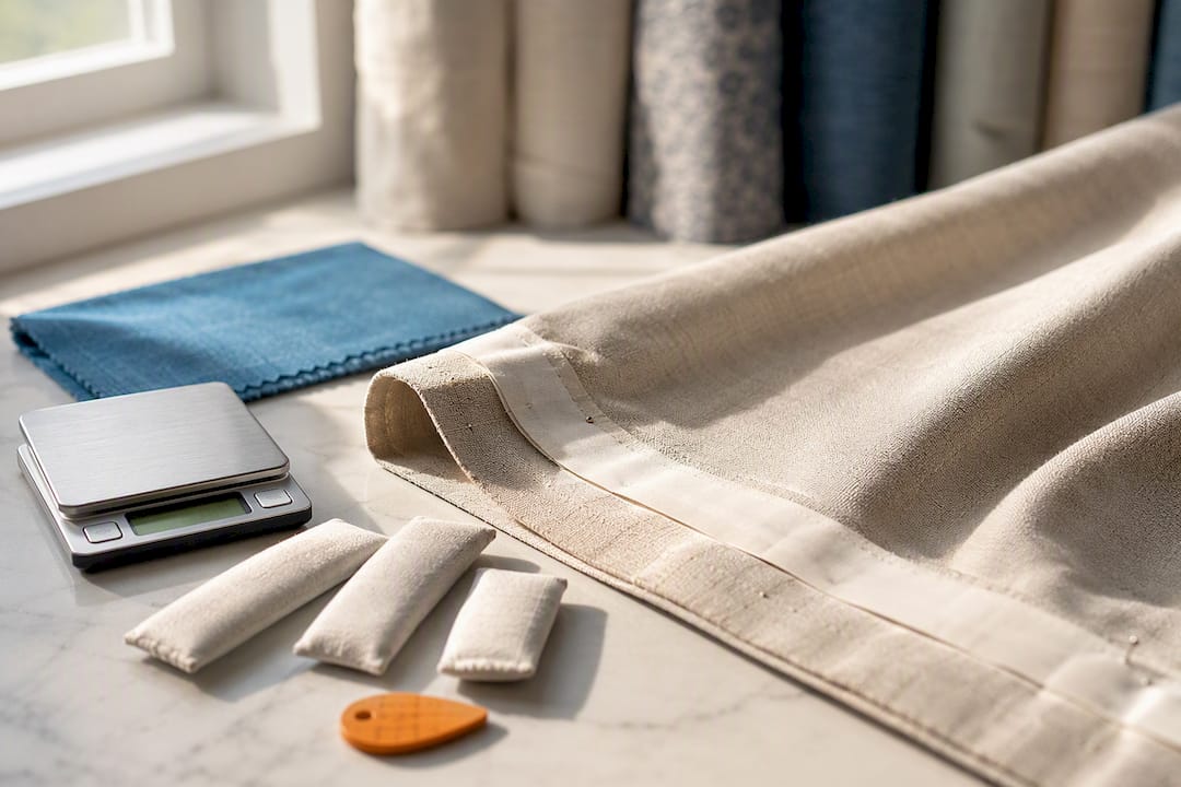 Curtain hem weights beside fabric samples