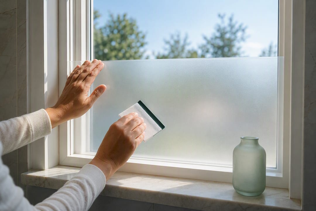 Hands applying translucent privacy film