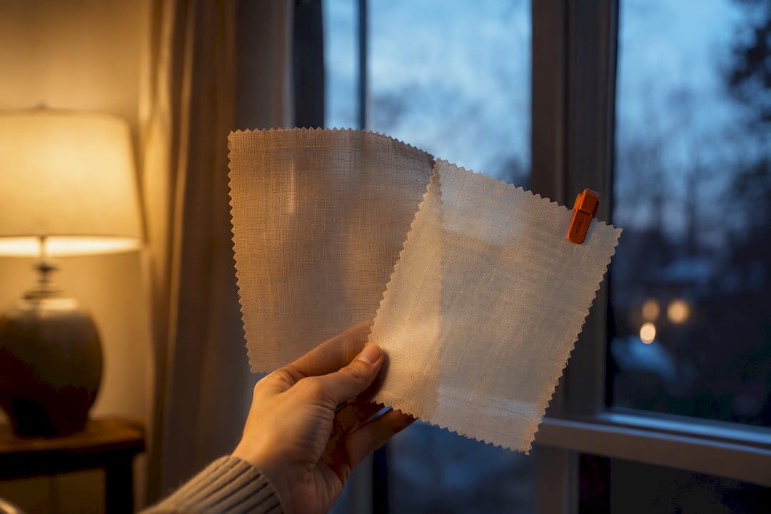 Sheer fabric swatches tested beside lit window