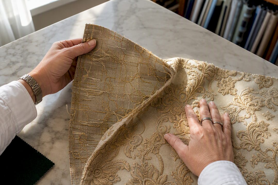 Hands inspecting brocade relief and loose threads