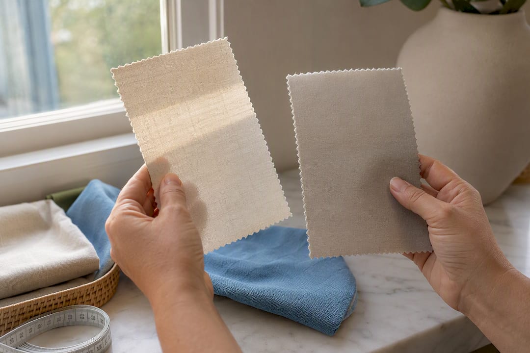 Hands testing blackout lining swatches by window