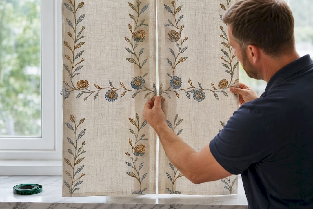 Installer aligning embroidered curtain pattern repeats